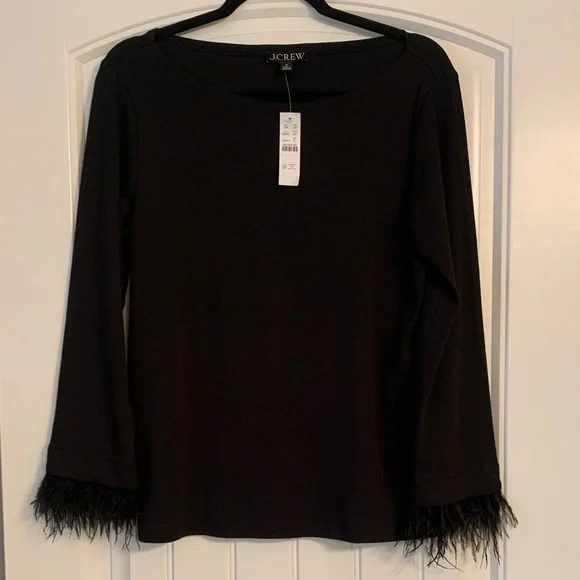 NWT J. Crew Black Long Sleeve Top with Feather Cuffs - Picture 1 of 4